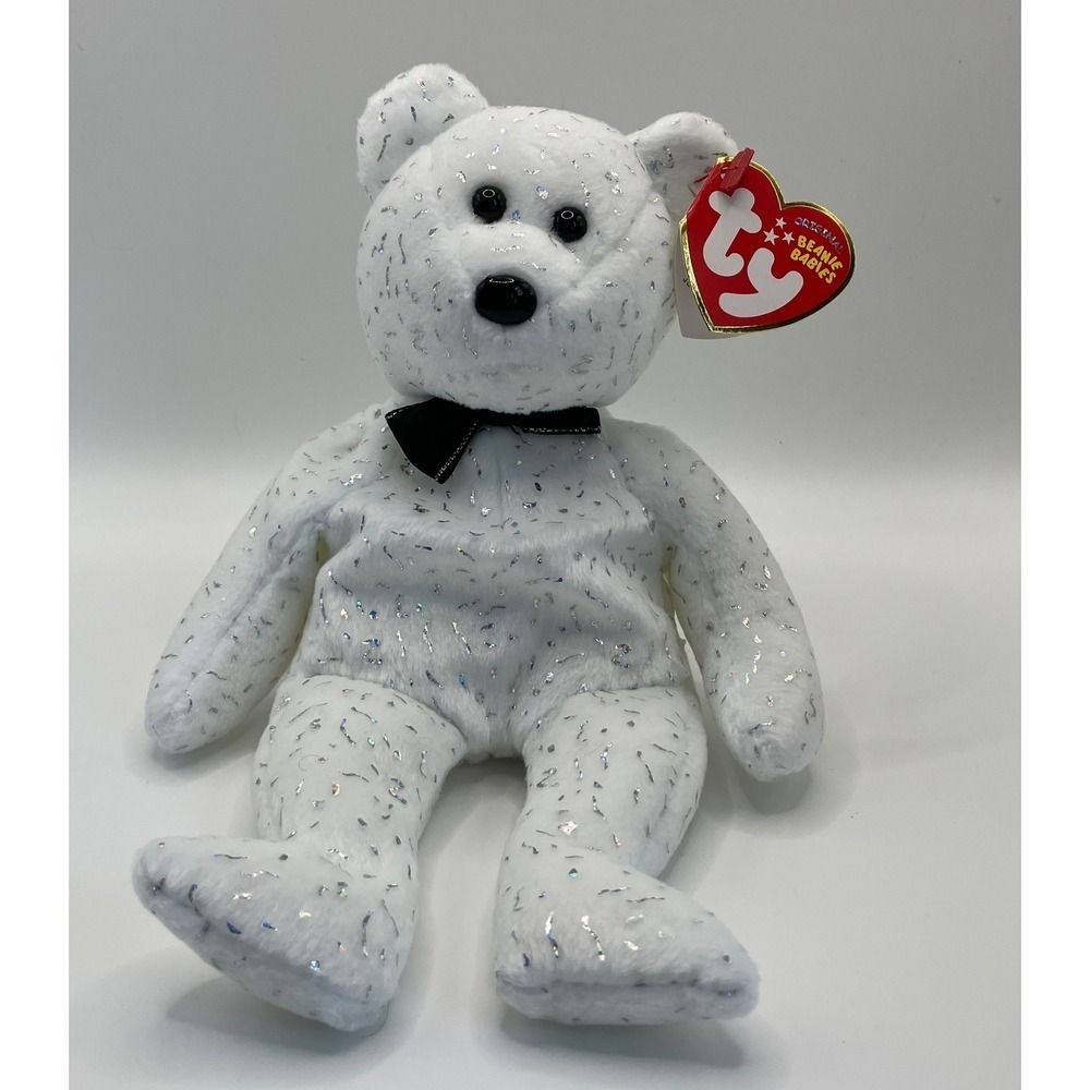 Ty Beanie Baby New Years 2007 White Bear Silver Tinsel Black Bow Tie Plush Tag